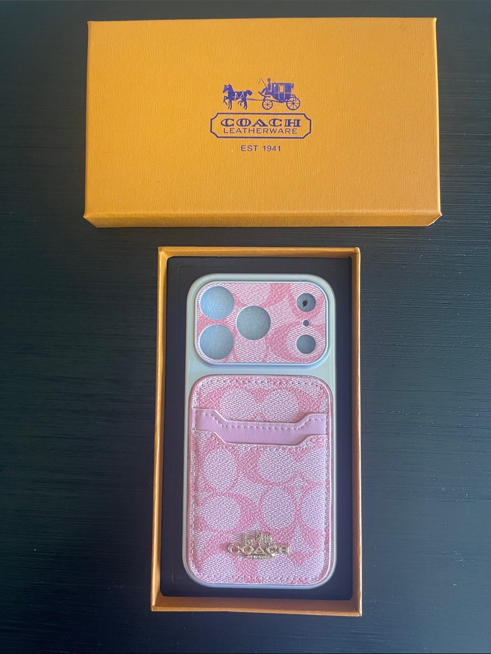 iPhone 17 pro max Coach Card Pocket Phone Case with Gold Logo. Box included
